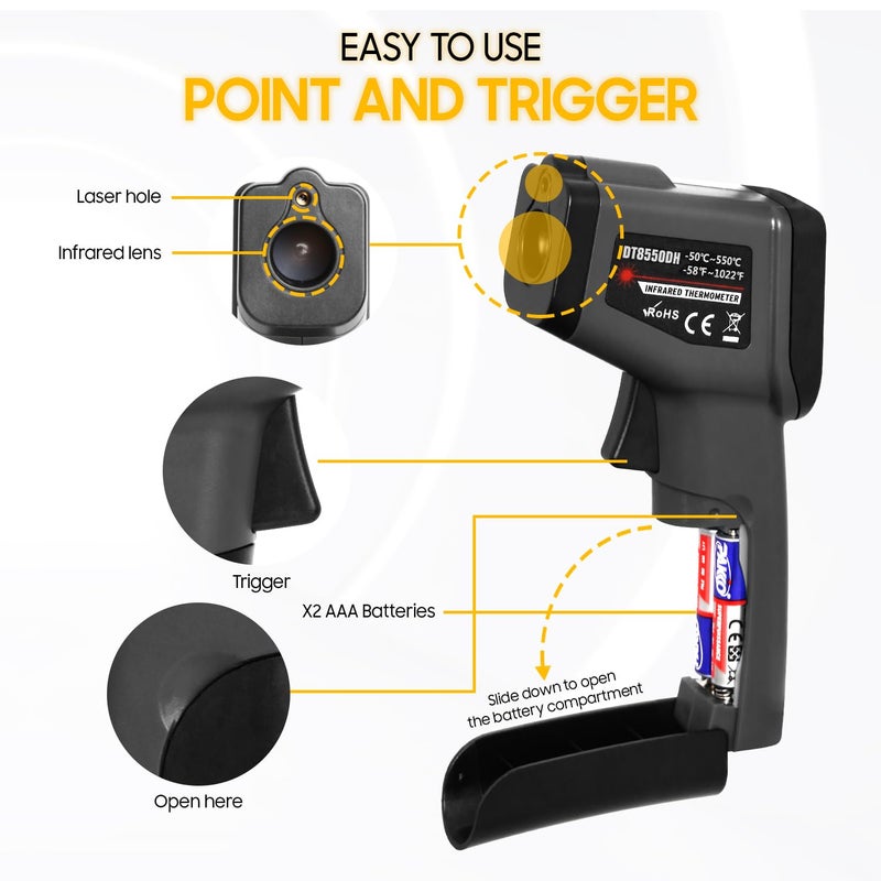 Seentech DT8380BH Industrial Infrared Thermometer - Non-Contact Temperature Tester for Kitchen & Industrial Use, -50°C to 380°C Range, High Precision with Laser Targeting (DT8550DH) - Image 2